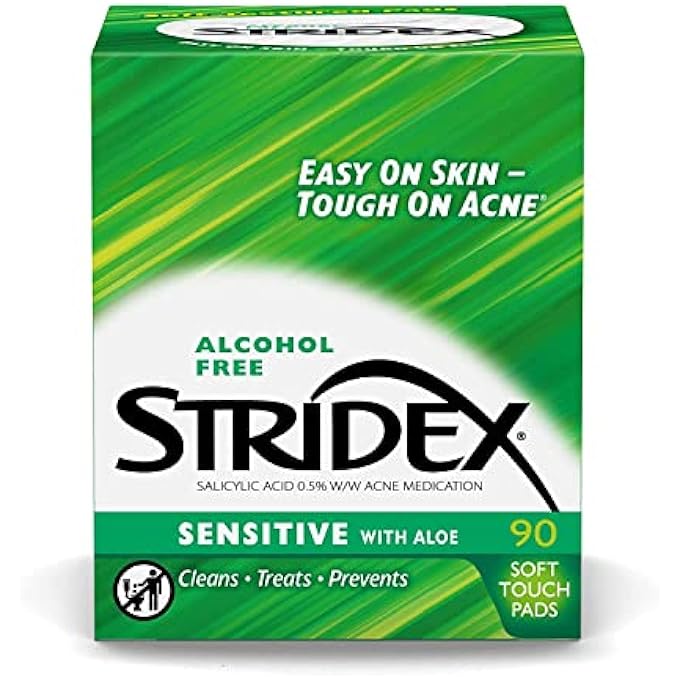 Stridex وسادات حب الشباب الطبية، حساسة، 90 قطعة، عبوة من 3 من مناديل تنظيف الوجه، وسادات وجه خالية من الكحول، علاج حب الشباب للوجه، لحب الشباب الخفيف إلى المعتدل، تطبيق سلس - Image 1